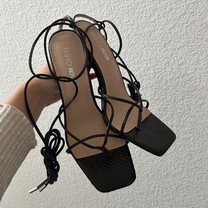 Fashion Nova Brown Snake Print Lace Heels